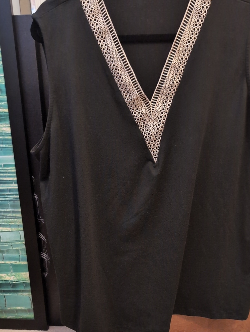 Black Sleeveless V-Neck Top with Crochet Contrast Trim